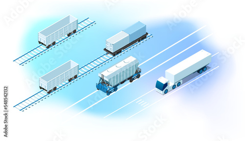 Conceptual template with truck, train, container. Scene for online cargo delivery service, logistics or tracking app concept. Modern isometric vector illustration.