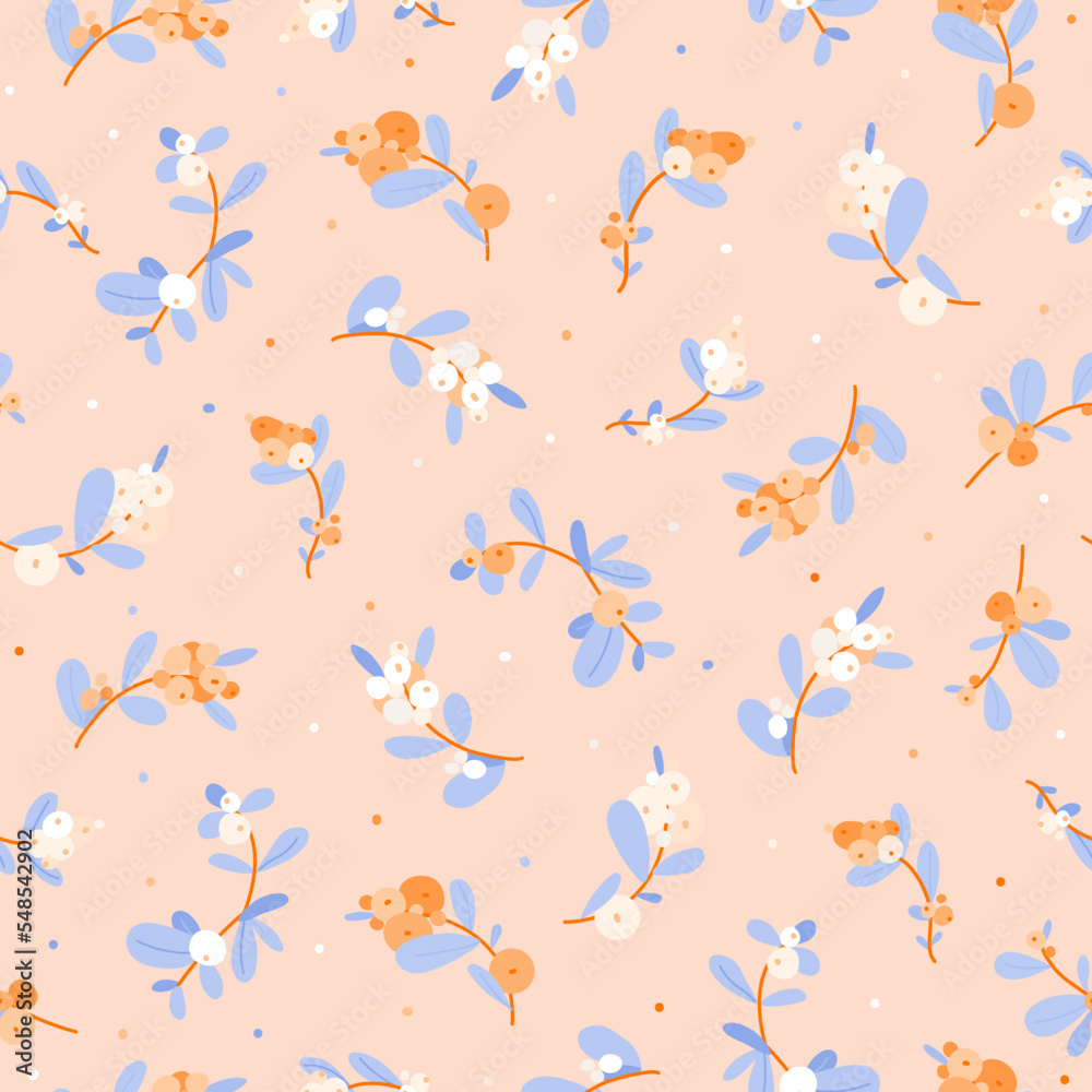 Snowberry winter seamless pattern holiday on orange background. Perfect for for print, wrapping paper, fabric, wallpaper, cover