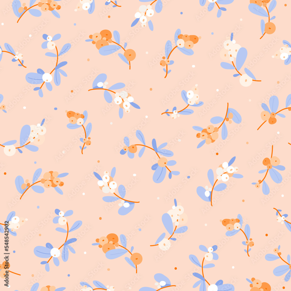 Fototapeta premium Snowberry winter seamless pattern holiday on orange background. Perfect for for print, wrapping paper, fabric, wallpaper, cover