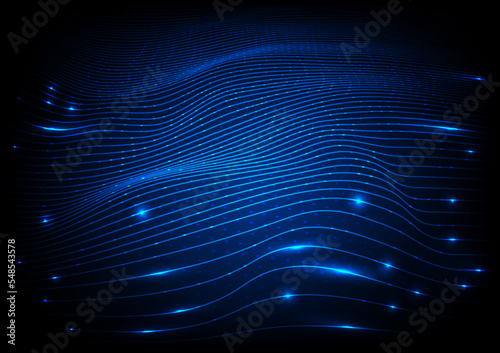 Illustration vector abstract wave motion pattern and dynamic mesh line on a dark blue background, blue light.  Modern futuristic design for background or wallpaper. Digital cyberspace, high tech, tech
