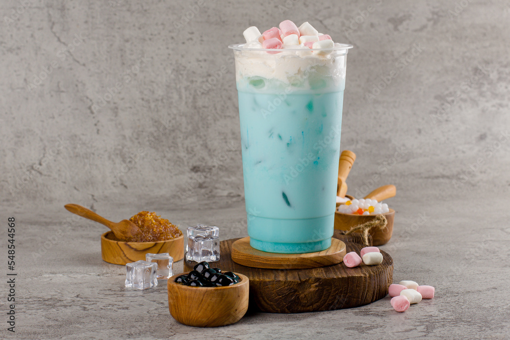 Boba or tapioca pearls is taiwan bubble milk tea in plastic cup with
