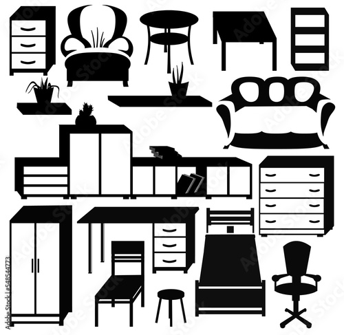Icons. Furniture. Illustrations of furniture items on a white background. 