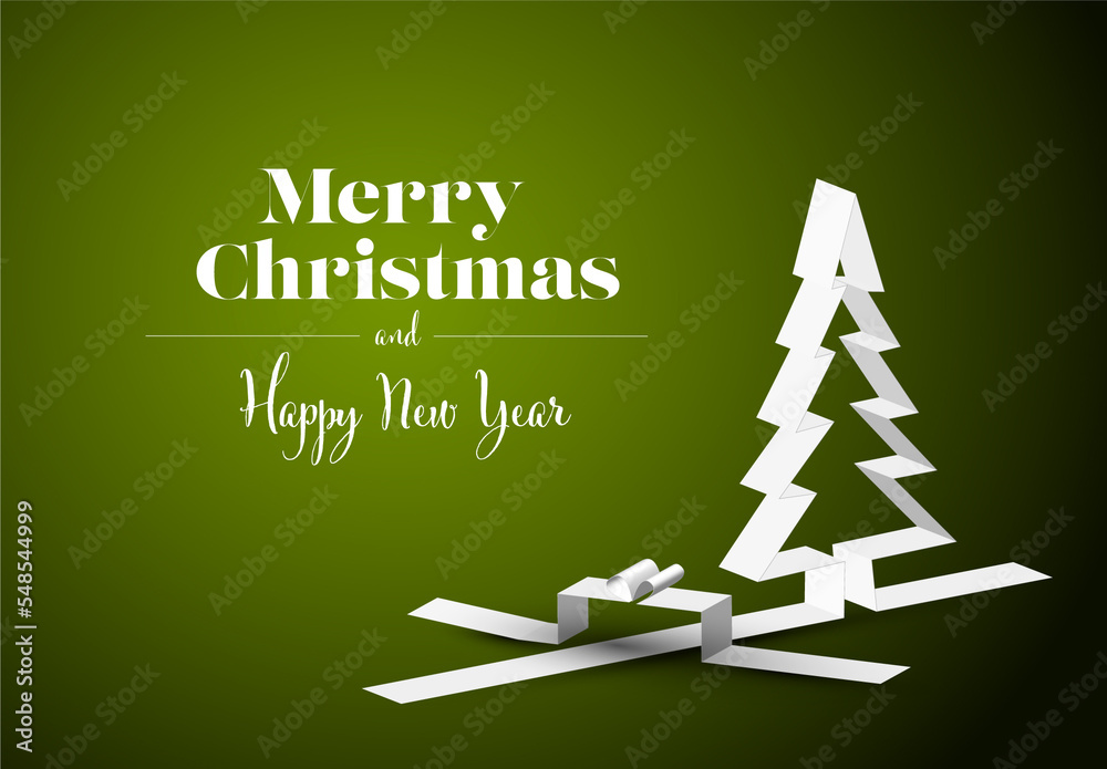 Merry Christmas card with a white tree and gift box made from paper ...