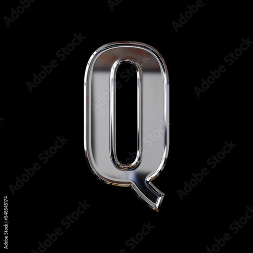 Initial letter Q with 3D rendering and shiny metal texture (chrome, steel, silver), bold typeface, metallic uppercase font, works well on dark backgrounds