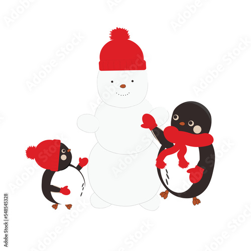 pinguins and snowman in christmas photo