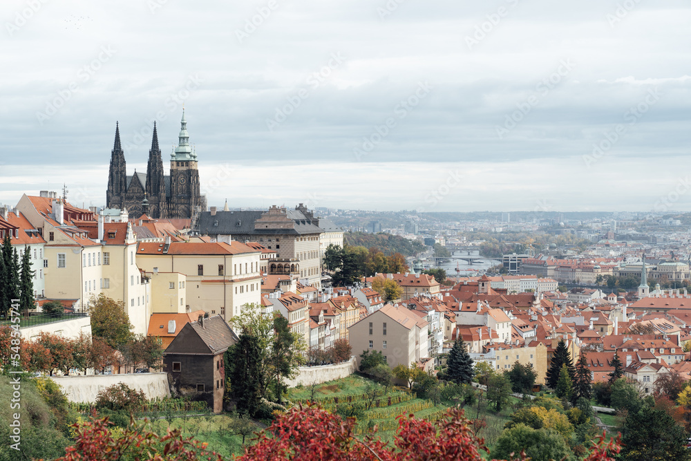 View of Prague castle and orange roofs from a hill colored with red foliage