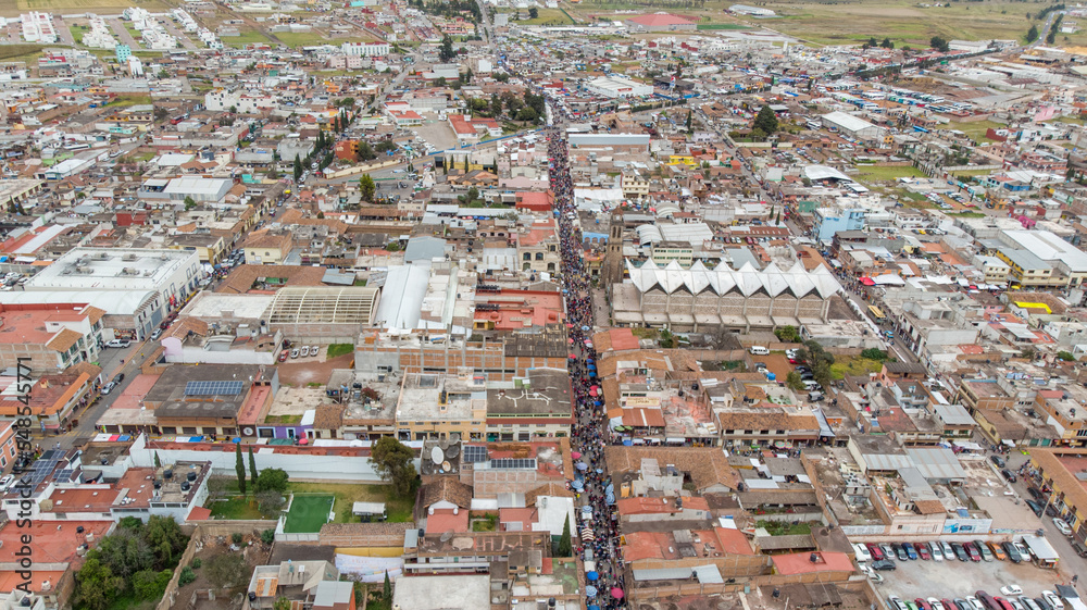 aerial shot with drone of the city of Chignahuapan, Puebla, Mexico. Magic Town. streets of chignahuapan