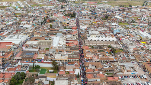 aerial shot with drone of the city of Chignahuapan, Puebla, Mexico. Magic Town. streets of chignahuapan photo