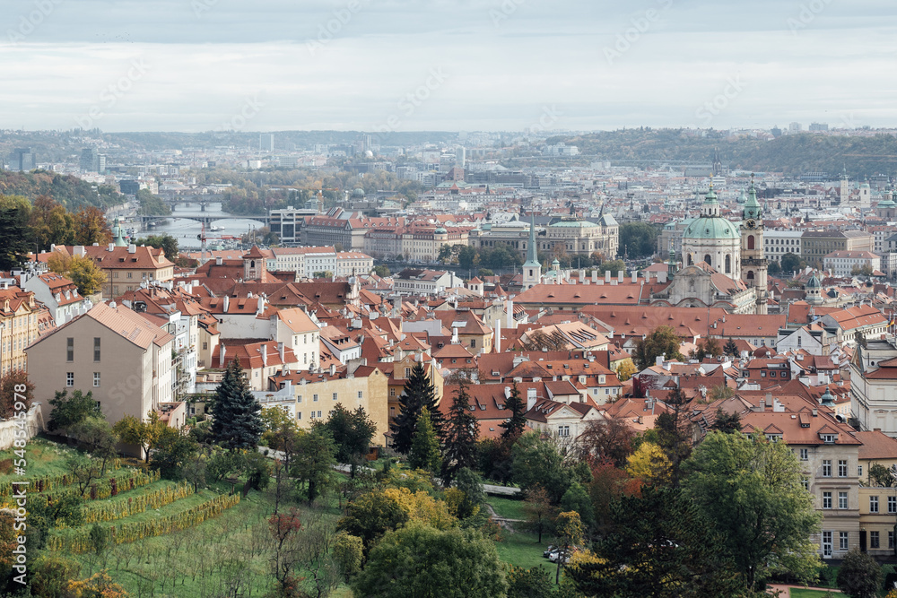 View of Prague from a hill full of orange roofs