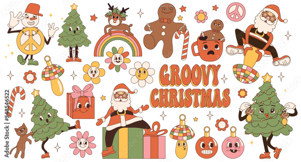 Groovy christmas set, collection of trendy retro hippie stickers. Santa Claus, Christmas tree, gifts, rainbow, peace, holly jolly vibes, coffee, gingerbread in trendy retro cartoon style. Groovy christmas set, collection of trendy retro hippie stickers. Santa Claus, Christmas tree, gifts, rainbow, peace, holly jolly vibes, coffee, gingerbread in trendy retro cartoon style.