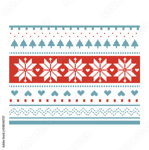 Red and blue sweater seamless pattern with snowflakes and hearts.