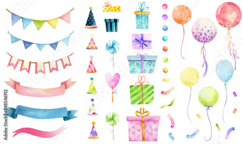 Birthday illustration clip art, holiday graphics collection, party background, watercolor colorful balloons and confetti illustration, carnival greeting graphics, gift box isolated, candies watercolor