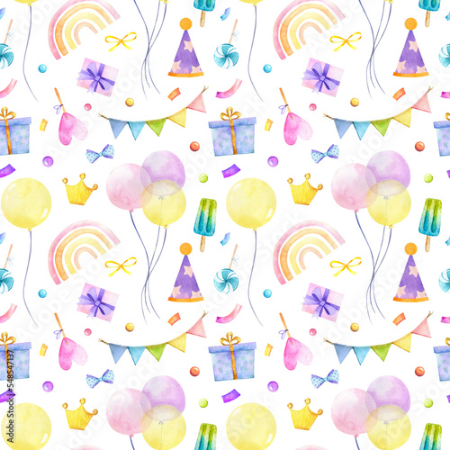 Birthday seamless pattern, holiday graphics, party background, watercolor colorful balloons and confetti illustration, carnival greeting graphics, gift box isolated