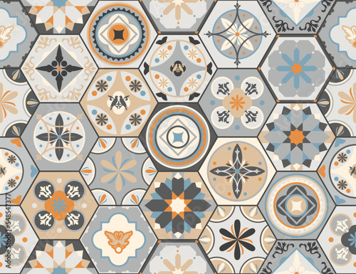 Talavera pattern. Indian patchwork, Turkish ornament. Moroccan mosaic. Ceramic dishes, folk print. Spanish pottery. Antique Moroccan, Portuguese hexagonal tiles. Mediterranean seamless vector.