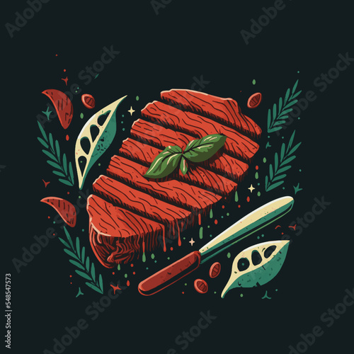 Grilled beef steak with vegetables hand drawn illustration Vector for Logo and Poster