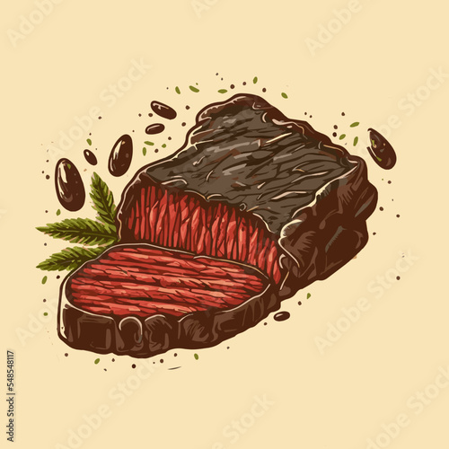 Grilled beef steak with vegetables hand drawn illustration Vector for Logo and Poster