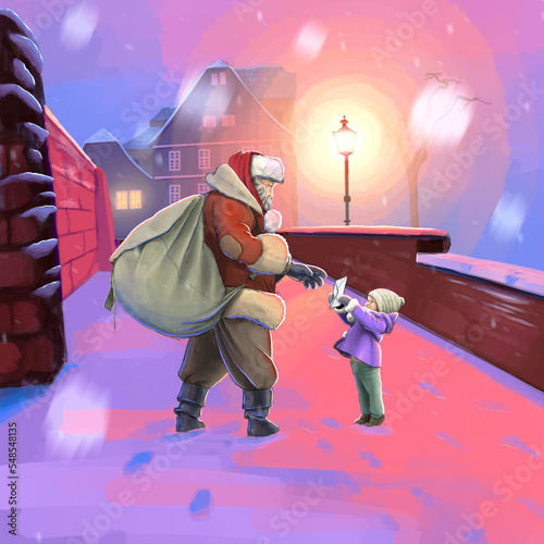 Realistic painting artwork of cute child giving wish list letter to big Santa Clause with bag on snowy christmas eve, kindly santa with shy child, bright street lamp lights up winter village road way photo