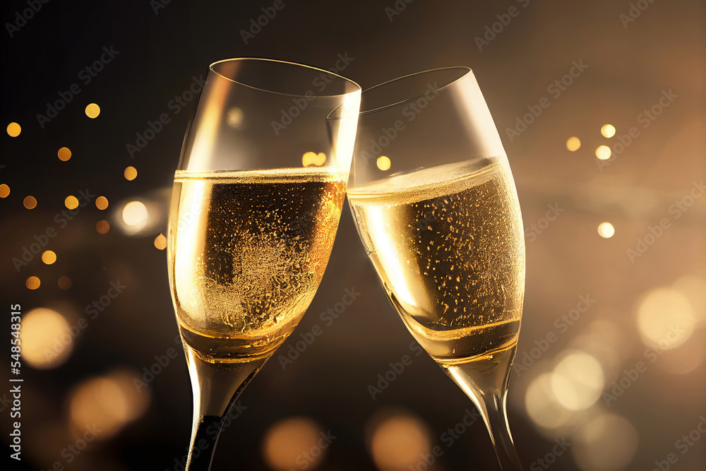 Toast with two glasses of champagne - obrazy, fototapety, plakaty 