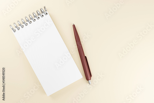 White notepad with brown pen. Minimal 3d illustration on soft beige background top view