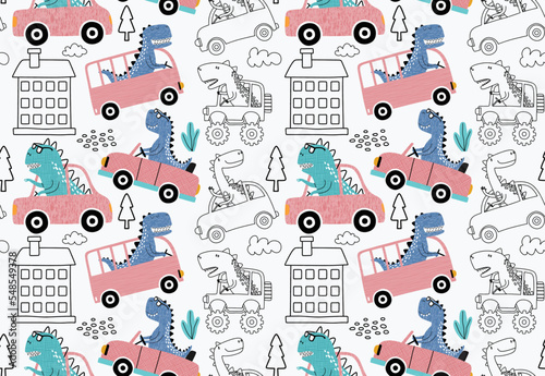 seamless pattern with cute dinosaur driving cars.