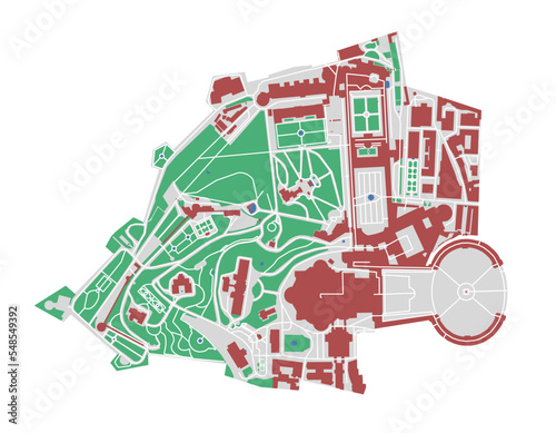 Vatican map. Detailed map of Vatican city administrative area. Cityscape urban panorama. Outline map with buildings  water  forest.