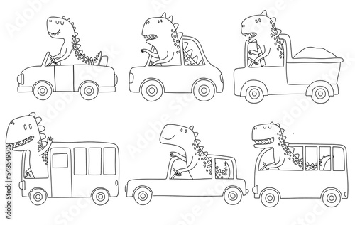 Doodle set of cute dinosaurs riding car.