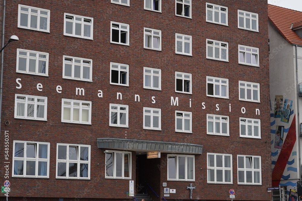 View on building of Seemanns Mission, seafarer’s centre in German language, including a hotel. Red bricks house is located close to city centre of Hamburg. 