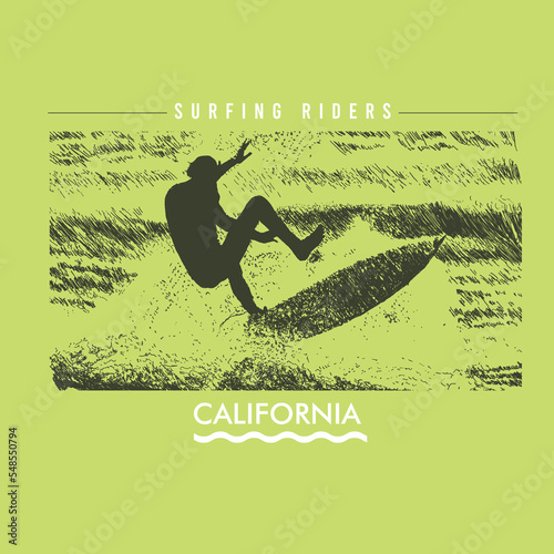 Canvas Print Surf Riders California high wave surfer drawing Graphic design poster vector pri