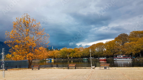 ioannina city in winter season with yellow platanus trees beside the lake pamvotis ships boats on the dock greece