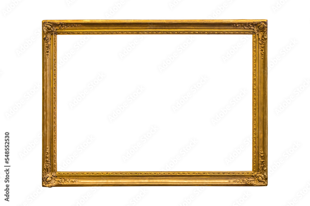 Antique wooden patterned frame for paintings or photographs with gilding, highlighted on a white background. Blank for the designer. Antique wooden patterned frame for paintings or photographs with gilding, highlighted on a white background. Blank for the designer.