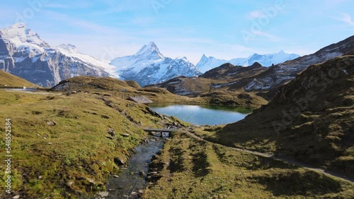 Drone view of part of the Bachalpsee lake and the Eiger mountain