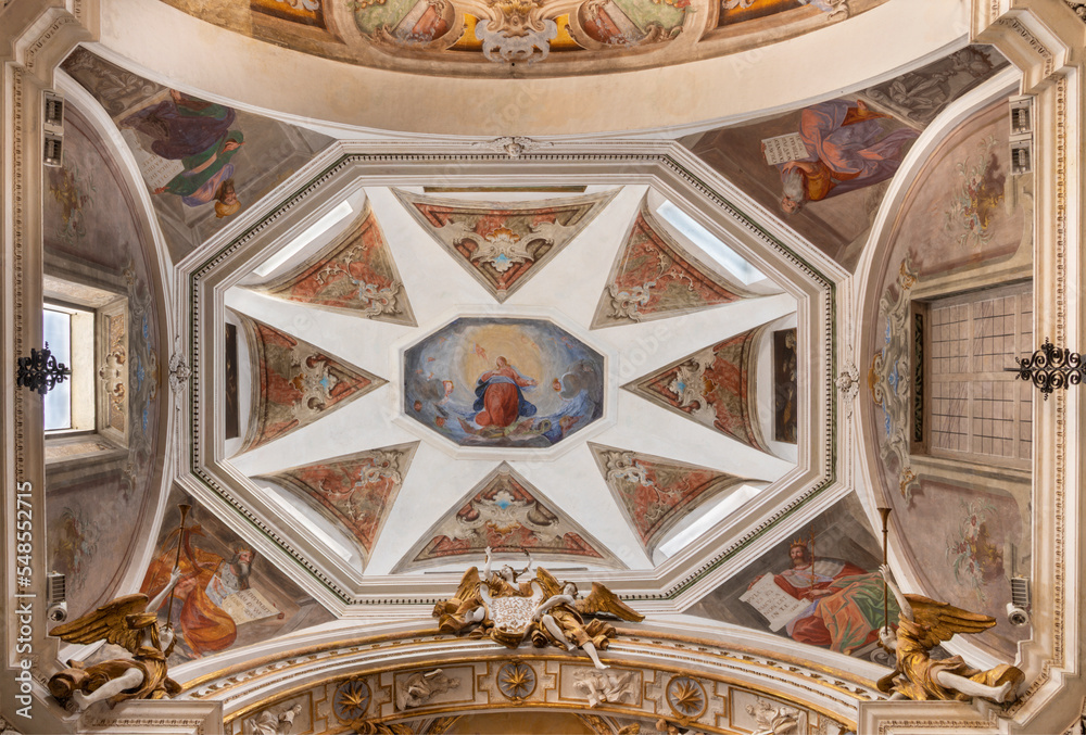 CHIAVENNA, ITALY - JULY 20, 2022: The baroque cupola with the Immaculate Conception and Old Testament patriarchs in church San Lorenzo by Filippo Fiori e Giovanni Maria Giussani from Como (1759).