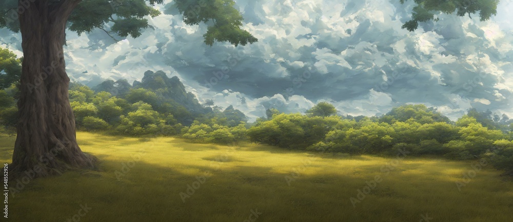 A Tree In A Grassy Field, Breathtaking Concept Background Wallpaper. Digital Illustration. - obrazy, fototapety, plakaty 