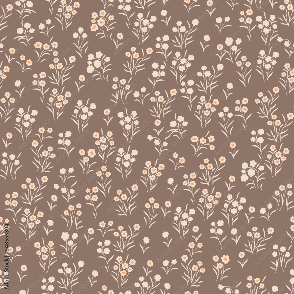 Seamless pattern with small, tiny wildflowers on a light brown background. Seamless pattern with small, tiny wildflowers on a light brown background.