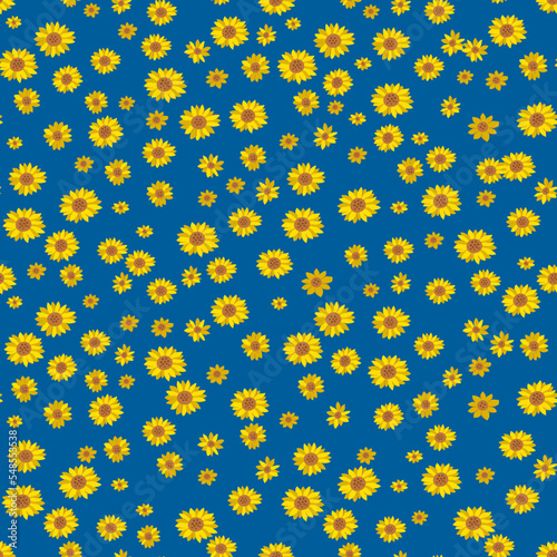 Cute floral pattern in the form of a small flower. Seamless vector texture. Print with small yellow flowers on a blue background.