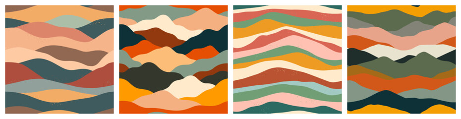 Leinwandbilder Olivgrün Colorful mountain landscape seamless pattern set. Abstract hill nature background collection in vintage colors. Panoramic travel backdrop print, multicolor outdoor texture illustration.  © Dedraw Studio