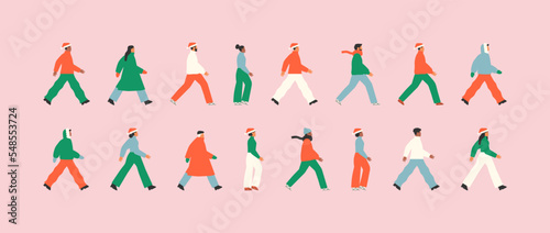 Set of diverse christmas people crowd walking. Modern young character group illustration for winter season celebration concept. Holiday party event or xmas shopping team design. 