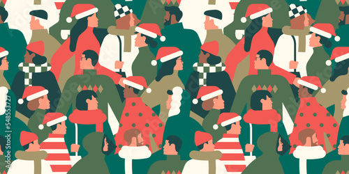 Diverse christmas people crowd together seamless pattern illustration. Modern young character group wallpaper print for winter season celebration. Holiday party event xmas backdrop. 