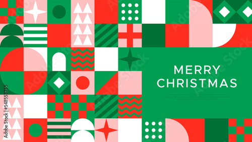 Merry Christmas landing web page template for holiday celebration event. Flat geometry shape mosaic illustration in abstract scandinavian art style.