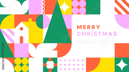Merry Christmas landing web page template for holiday celebration event. Flat geometry shape mosaic illustration in abstract scandinavian art style.