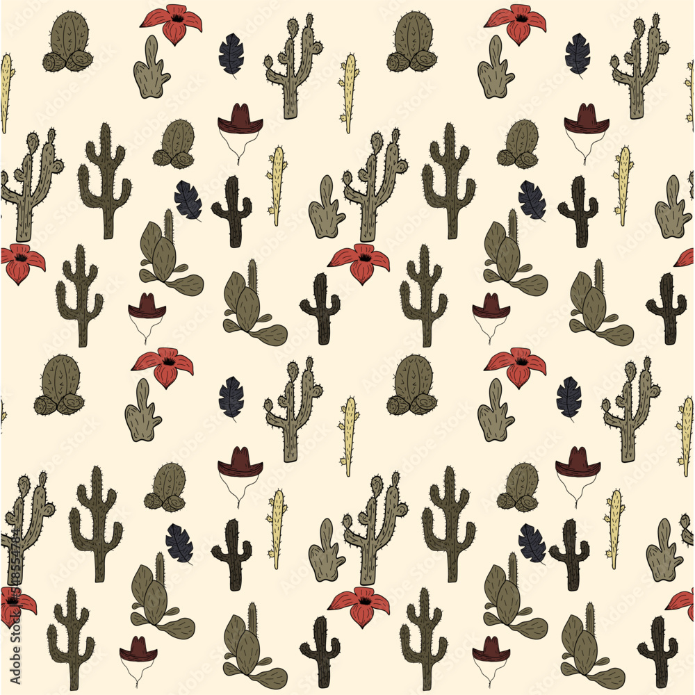 Western vibes pattern with cactus car and sun
