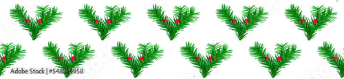 Panorama pattern of green yew branches with red berries on a white background.