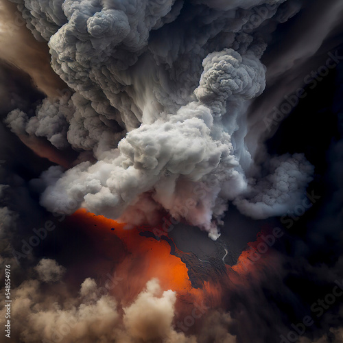 Aerial View of Billowing Smoke, Ashes and Lava rising up from an Erupting Volcano