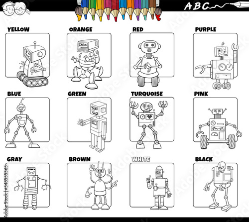 basic colors with robots characters set coloring page