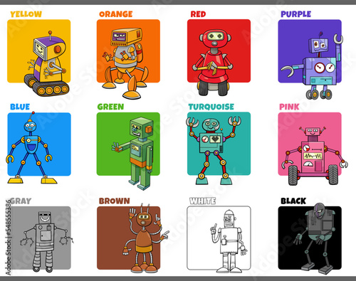 basic colors set with cartoon robots characters