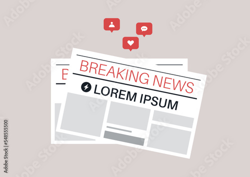 Breaking news, a newspaper alarming header, pop up social media reactions, like, follow, and comment