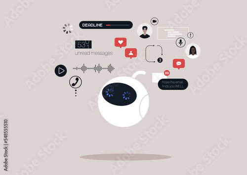 Cute round robot with freezed eyes, no response concept A cloud of pop up online notifications, messages, calls, emails, social media reactions, and other digital activities