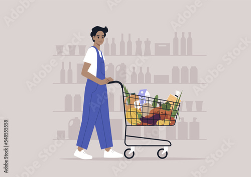 A young male Caucasian character in denim overalls pushing a grocery cart in a supermarket