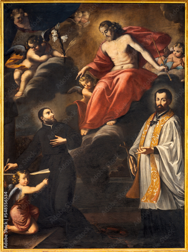 CHIAVENNA, ITALY - JULY 20, 2022: The painting of Resurrected Jesus and jesuits saints St. Francis Xavier and St. Gaetan in the church Chiesa di Santa Maria