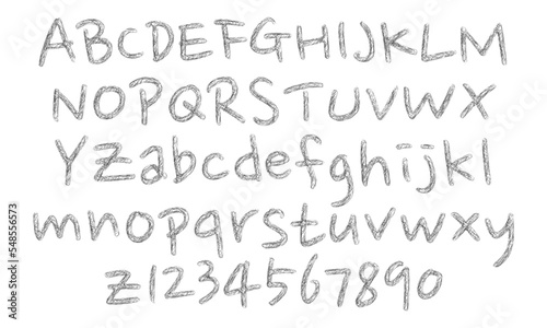 Handwriting pencil font  uppercase lowercase scribble alphabet letter set and numbers isolated on white